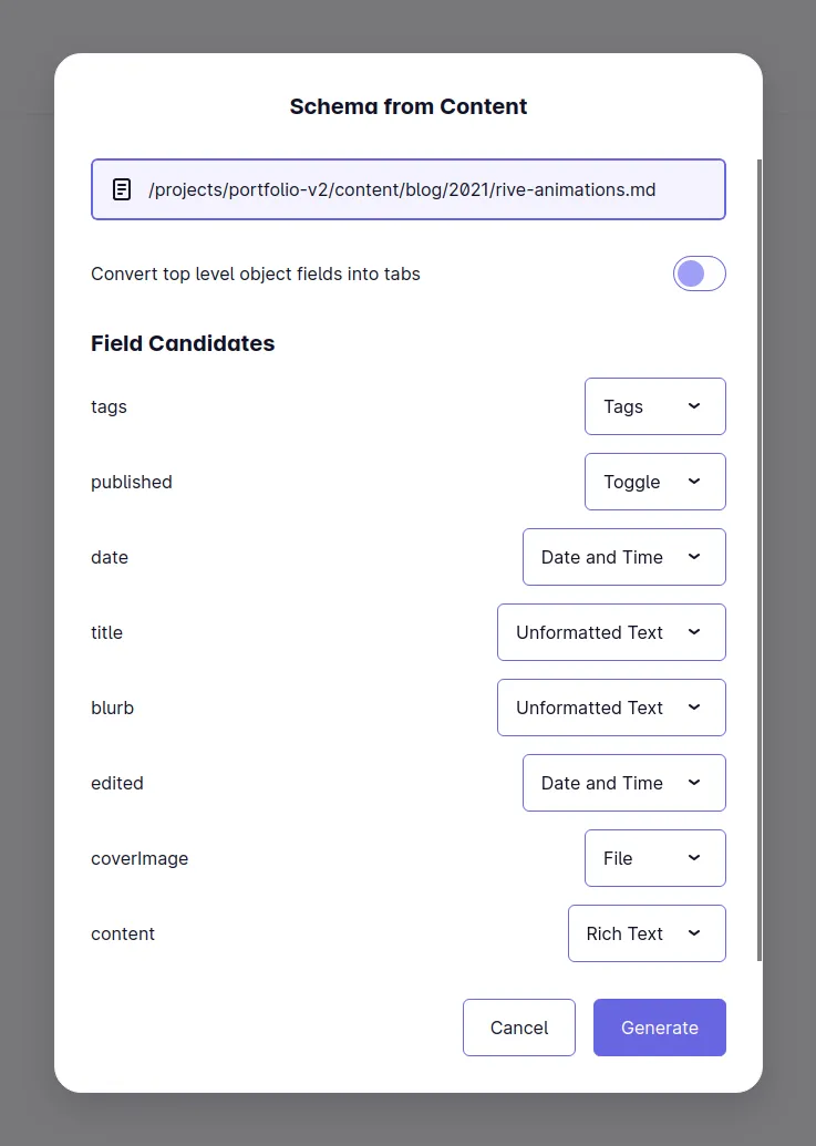 A close-up of the "Schema from Content" modal in Mattrbld. It shows that a blog post was selected and a list of inferred fields and types below it, each with a label and a dropdown next to it to modify the type