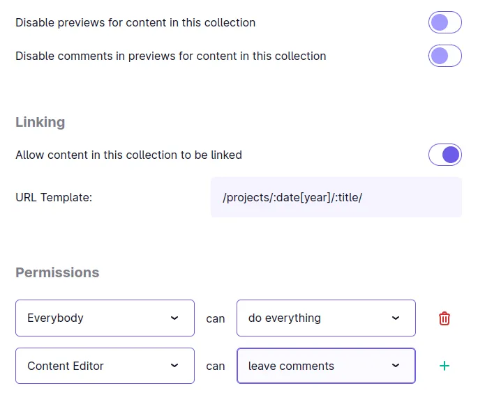 A screenshot of the "Edit Collection" view in Mattrbld, showing the options for disabling comments and setting the “can leave comments” permission on a per-role basis.