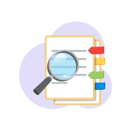 A magnifying glass hovering above a stack of document with colourful bookmarks