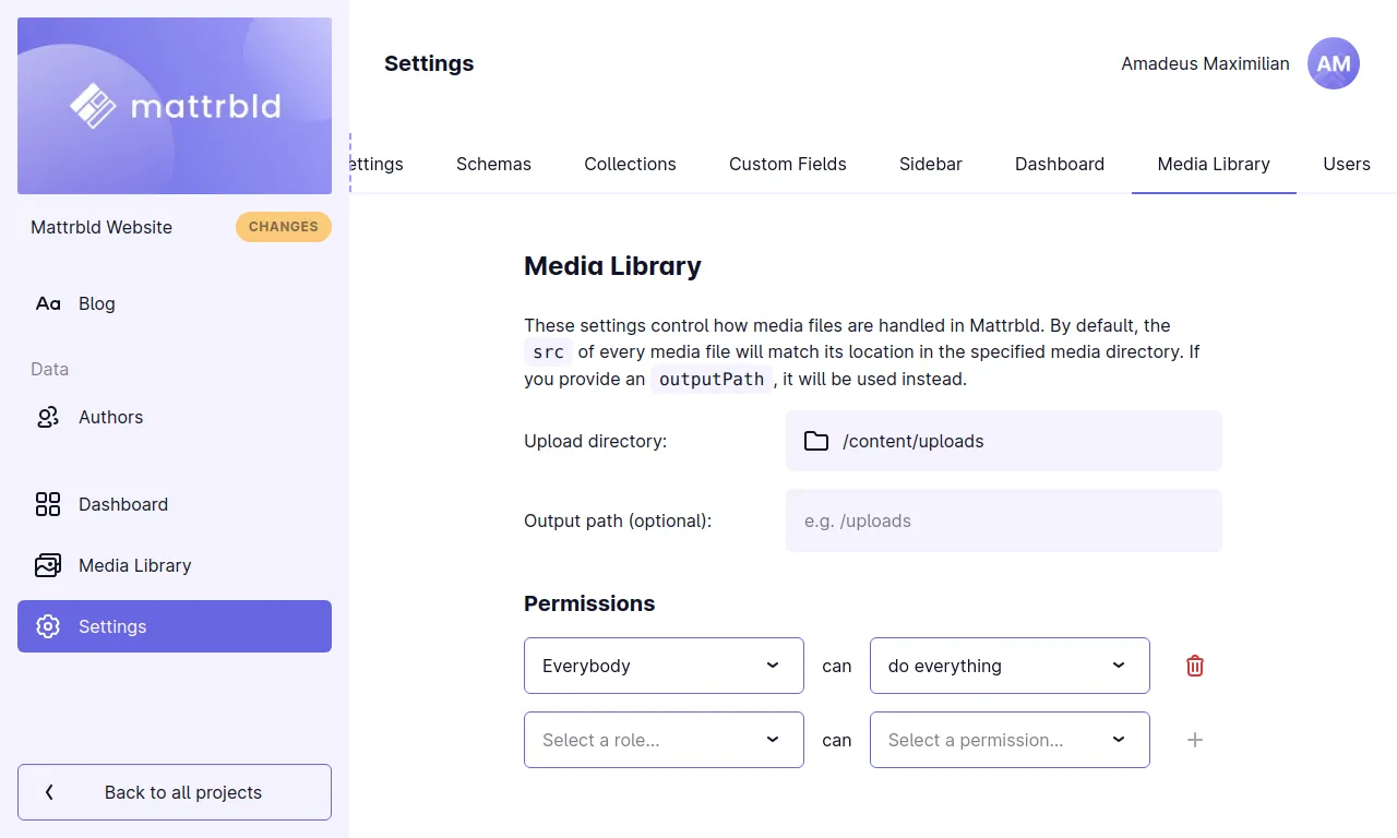 A screenshot of the media library settings tab in Mattrbld showing that the upload directory was configured to point to "/content/uploads"