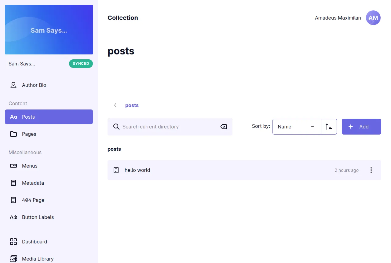 A screenshot of the “posts” collection in the Sam Says… template. One post exists, titled “hello world”