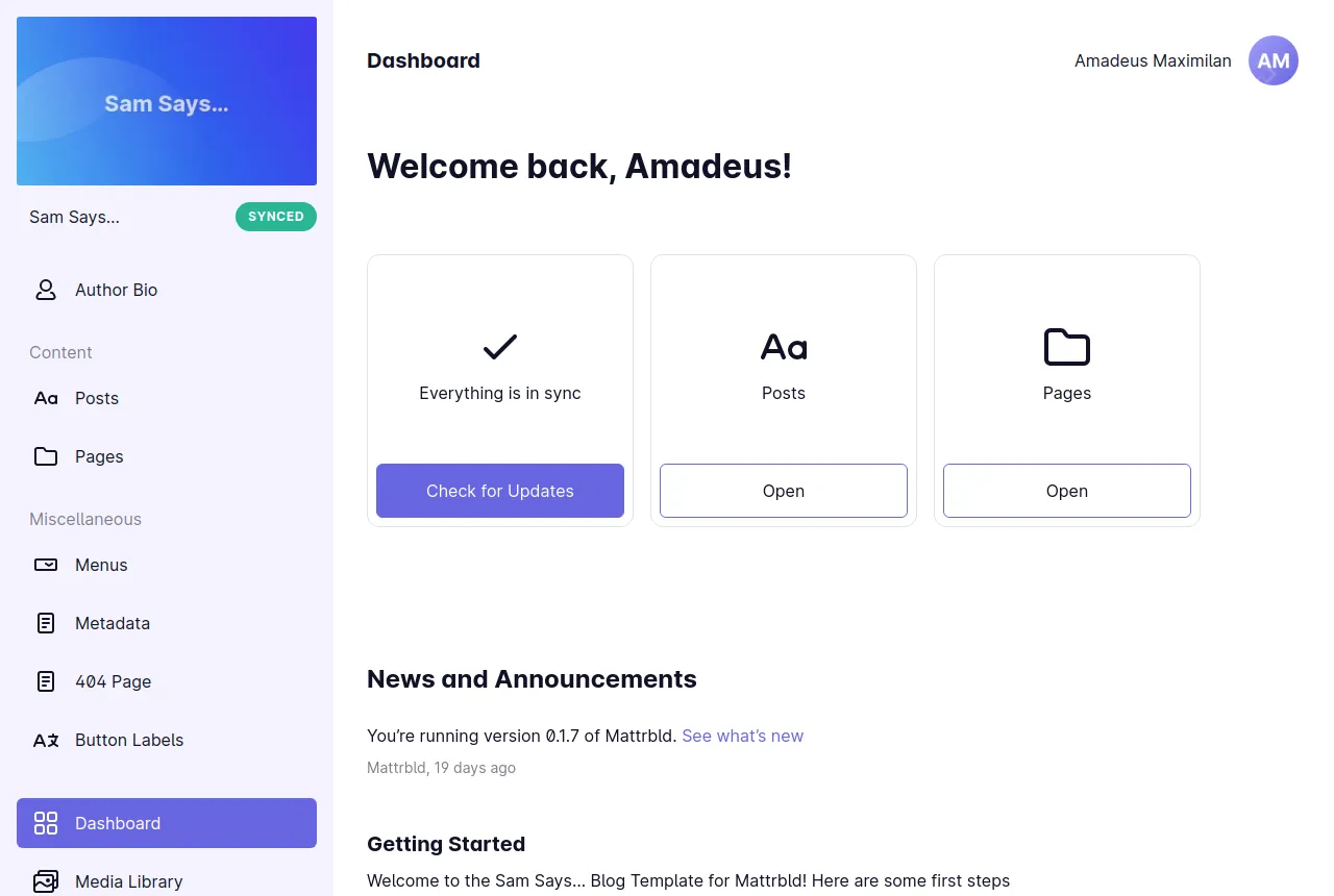 A screenshot of the project dashboard for “Sam Says…”