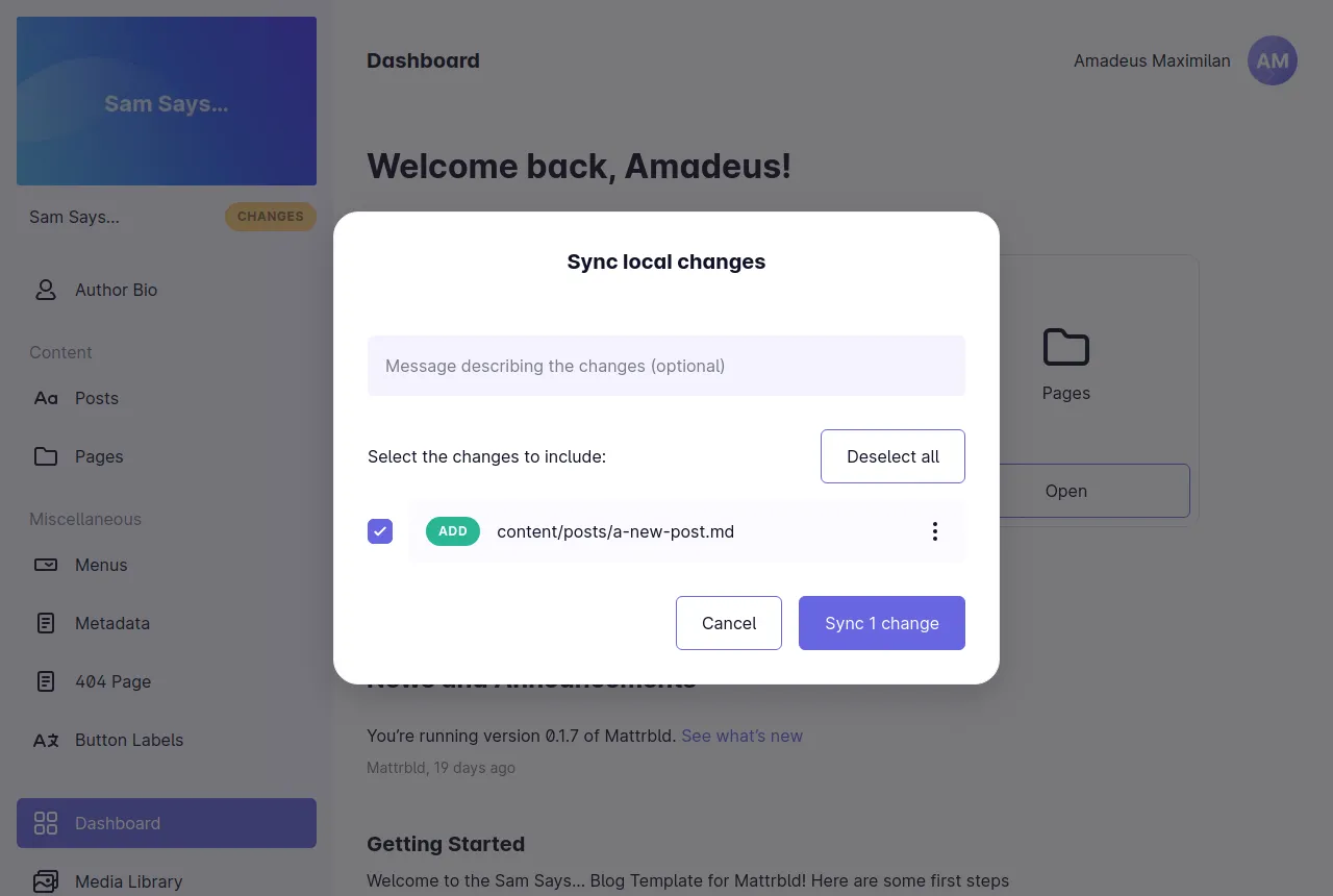 A screenshot of the Sync local changes modal in the Sam Says… template, listing the newly created blog post as ready to be synced