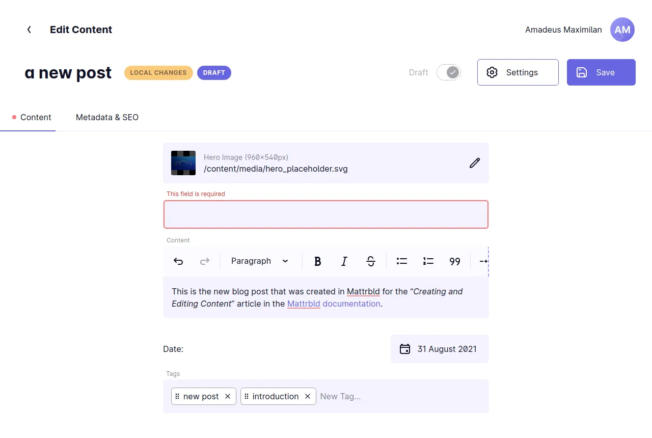 The Sam Says… template for a blog post with a validation error showing because the required "Title" field was left blank
