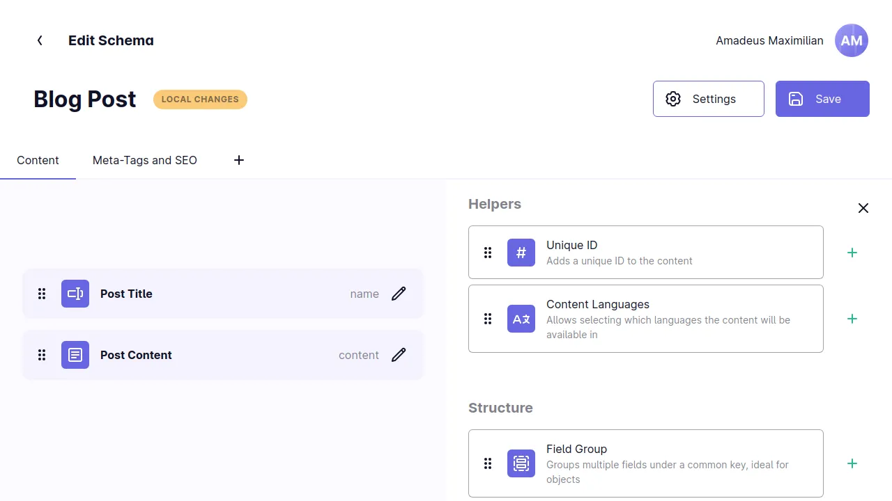 A screenshot of the fields sidepanel, showing building blocks for adding fields to a Schema. Currently visible are a Unique  ID field, a Content Languages field and a Field Group field