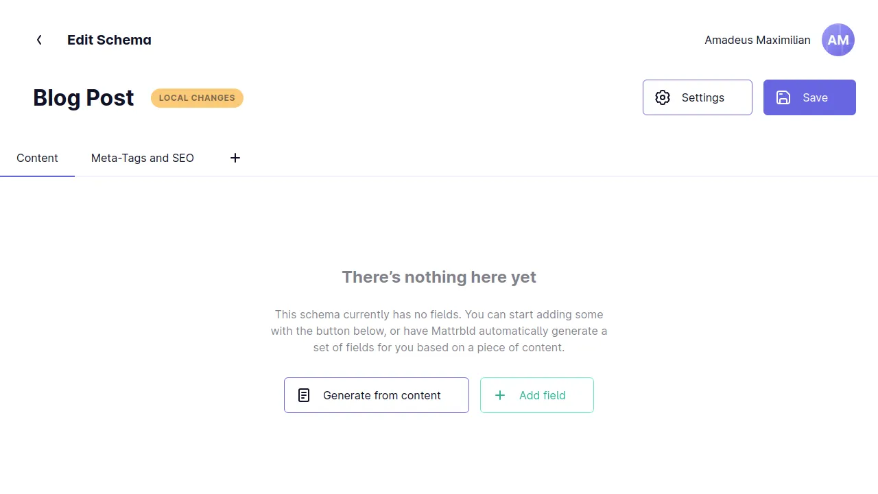 A screenshot of the Schema Editor in Mattrbld. The new Schema is titled "Blog Post" and has no fields yet, but two tabs, named "Content" and "Meta-Tags and SEO". Options for settings and saving are in the top left