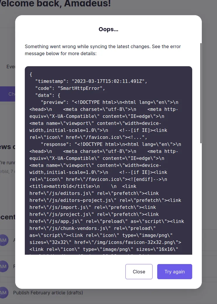 A Mattrbld error modal showing a SmartHTTPError message with some additional information that makes it clear the CORS Proxy URL was pointing at a HTML-page instead of a proper proxy server.
