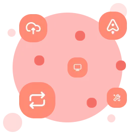 A bunch of icons floating as red bubbles in front of a circle representing tiny tidbits