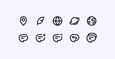 A grid of icons, the top row shows a location pin, a quill, a stylised globe, a planet with a ring like Saturn and planet Earth. The second row shows five speach-bubble icons symbolising a single comment, the addition of a comment, the removal of a comment, replying to a comment and a stack of comments.
