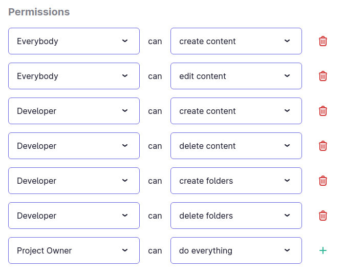 A detail view of the permission management for content Collections in Mattrbld listing roles such as Everybody, Developer and Project Owner on the left side and what they can do on the right side. For example: Everybody can create content, Developer can delete content, Project Owner can do everything