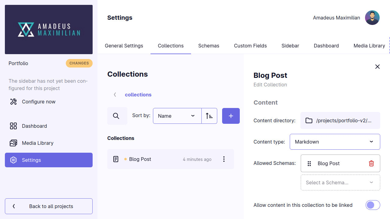 A screenshot of the Collection management interface of Mattrbld. A collection titled “Blog Post” is being edited. Its type is set to Markdown and it is allowed one Schema: Blog Post