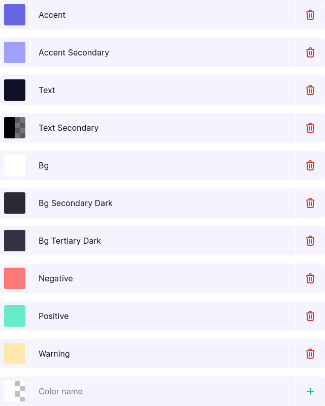 A screenshot of a color palette component listing an array of colours with a preview, their name and the option to delete them. At the bottom of the list a new colour can be defined and added