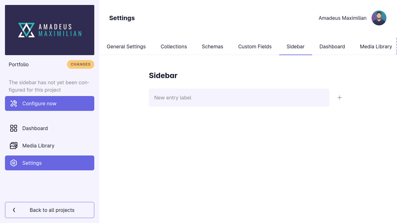 A screenshot of the empty sidebar configuration UI. An input field allows adding a new entry with a label. The project sidebar on the right side is not configured yet and only shows the default options Dashboard, Media Library and Settings, as well as a button to get back to all projects at the bottom of the frame