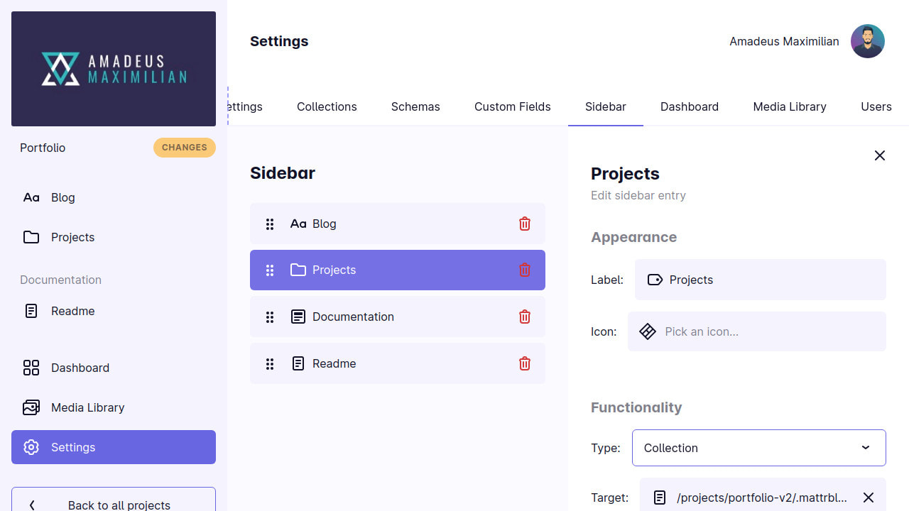 Another screenshot of the sidebar configuration UI. Now the sidebar has been configured with four fields: Blog, Projects (both Collections), Documentation (a heading) and Readme (a documentation document)