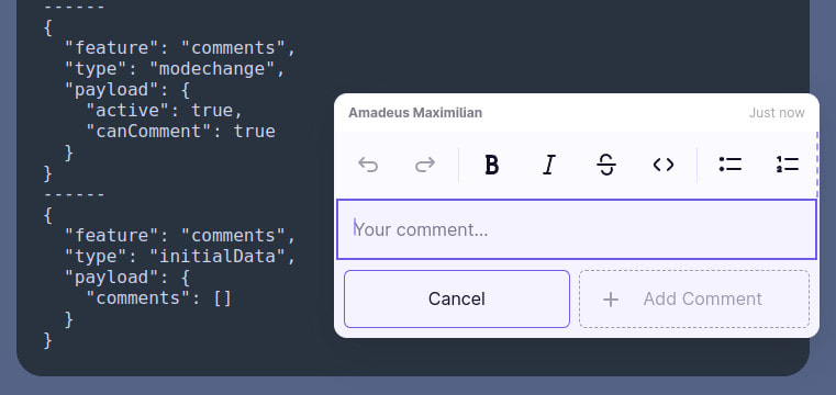 A screenshot of the Mattrbld UI for adding a comment, showing a popover with a rich-text editor overlayed on the content item being previewed
