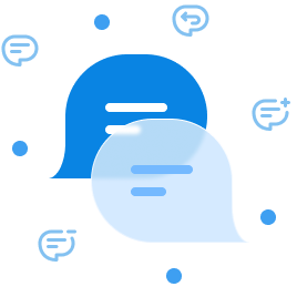 Two chat bubbles overlaid on top of each other, one is white the other blue. They are surrounded by other chat bubble icons and circles