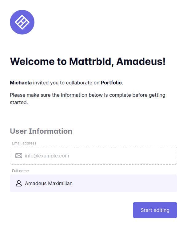 A screenshot of the invitation page that opens after clicking on an invite link. It allows editing the name of the person being invited and accepting the invitation via a purple button