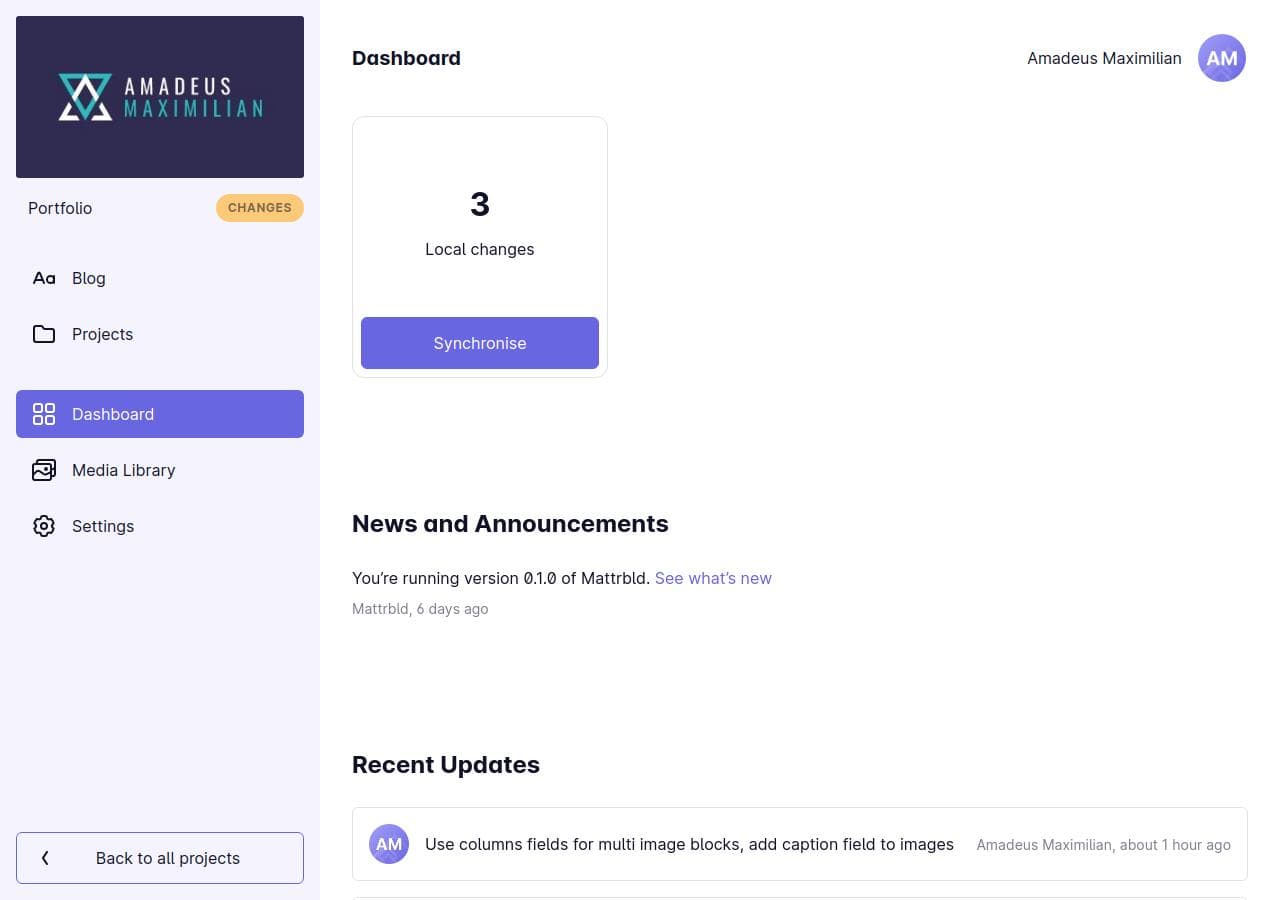 A screenshot of the Mattrbld project dashboard. It shows that there are currently three local changes which can be synced with a big purple button, some news and announcements and an overview of the latest changes