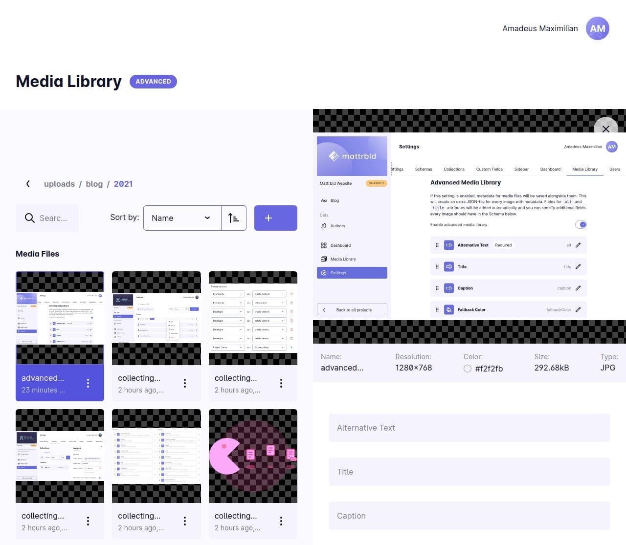 A screenshot of the Media Library in Mattrbld. Nine images are displayed on the left, one of them highlighted in purple. On the right the details and a bigger preview of the highlighted image are displayed in a panel