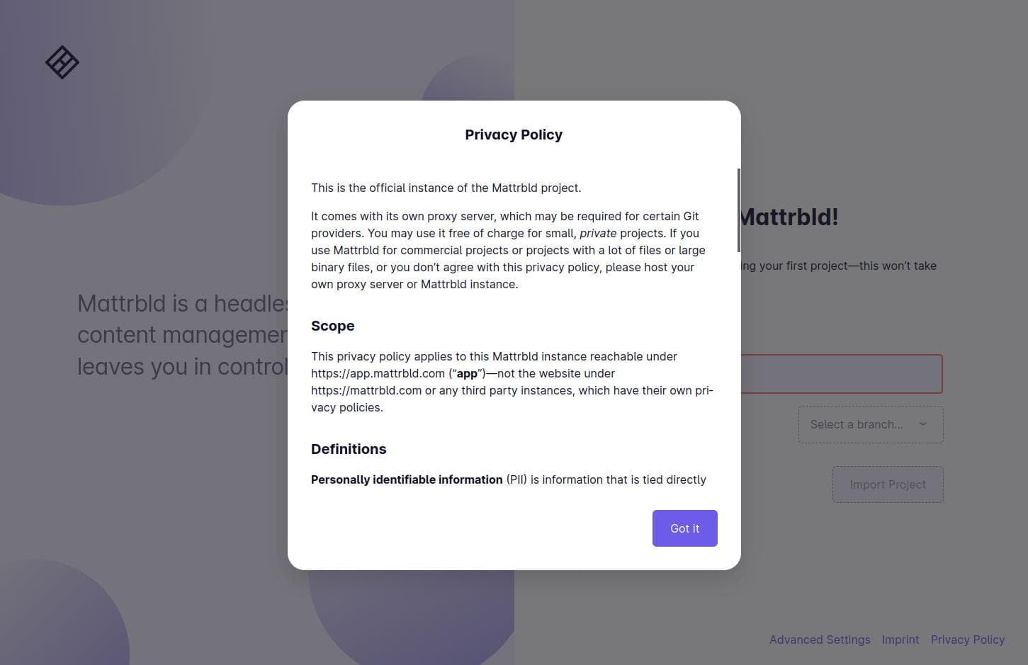 A screenshot of the privacy policy modal on the official Mattrbld instance. In the lower right of the image two additional links next to one labelled 