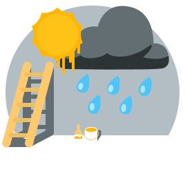 A rain cloud painted on a wall. A ladder is leaning against that wall below a sun that was painted over the rain cloud. A brush and bucket are on the floor near the ladder.