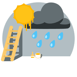 A rain cloud painted on a wall. A ladder is leaning against that wall below a sun that was painted over the rain cloud. A brush and bucket are on the floor near the ladder.