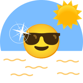An emoji with sunglasses in front of a scorching sun on a light blue background