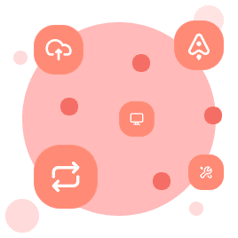 A bunch of icons floating as red bubbles in front of a circle representing tiny tidbits