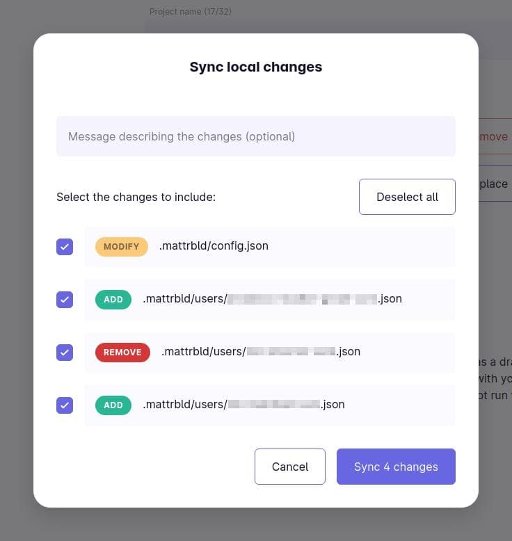 The sync local changes modal in Mattrbld, showing a field to add a commit message and the option to select what changes should be synchronised. In this case, one file is marked as modified, while two are marked as 